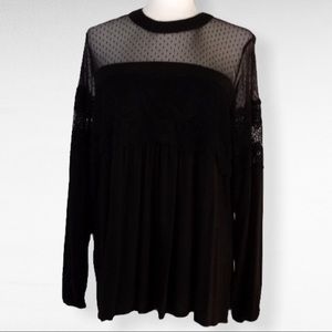 Maurice's Sheer Lace Swiss Dot Mesh Panel Black Long Sleeve Babydoll Top Size 0X